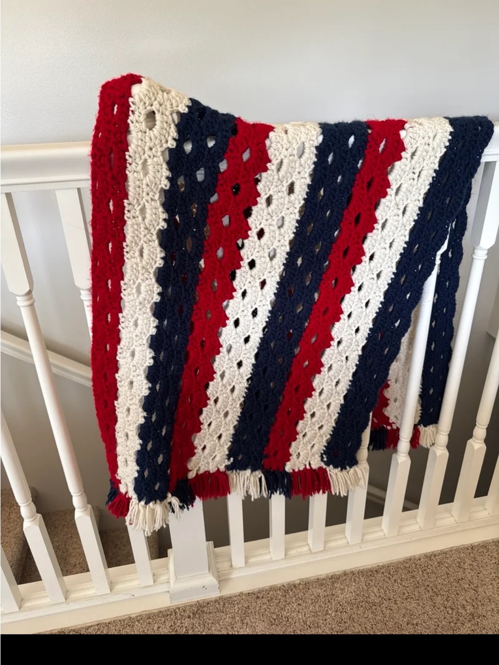 Hand Knit Crochet Red/White/Blue Blanket with tassels - Picture 12 of 12